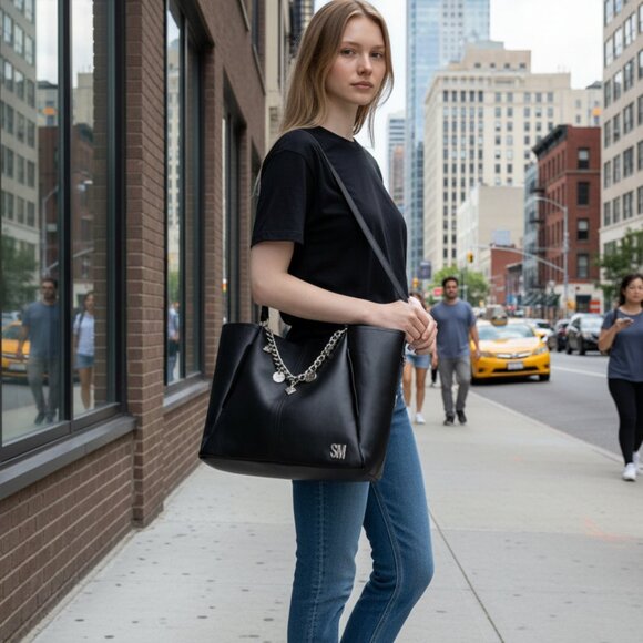 Steve Madden Handbags - Steve Madden Large Black Tote Bag Silver Chainlink accessories SM branding